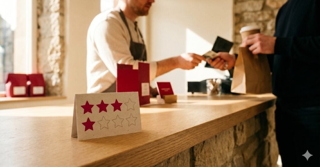An independent UK cafe owner reviewing loyalty programme data on a tablet at the counter.