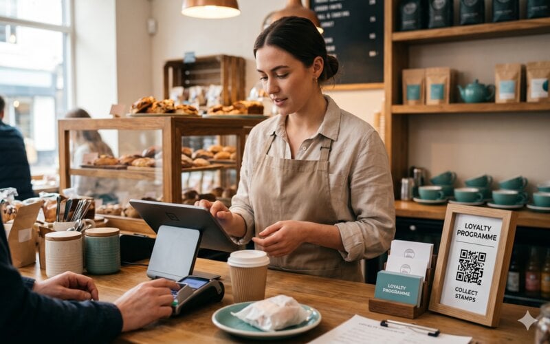A simple bar chart showing a sign-up spike in week one that flatlines to near-zero by week four, on a tablet screen in a retail setting.