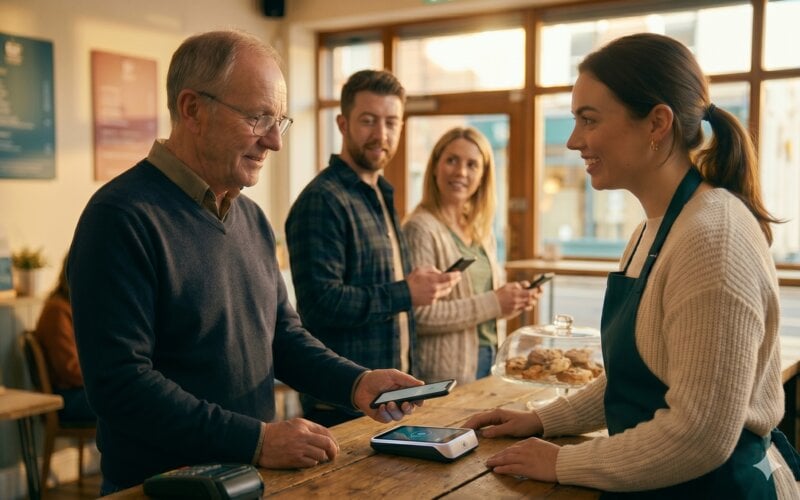 A UK cafe owner smiling at the counter, with a new loyalty sign visible nearby and a customer in the background.