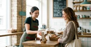 A UK cafe staff member warmly mentioning the loyalty programme to a customer at the counter during a transaction.
