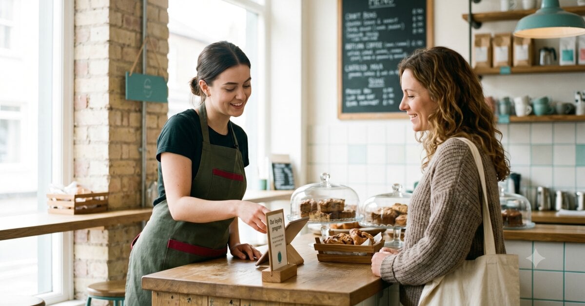 A UK cafe staff member warmly mentioning the loyalty programme to a customer at the counter during a transaction.