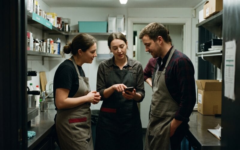 Two or three staff members of a UK independent business standing around a counter in a brief pre-opening discussion, one pointing to a small printed card.