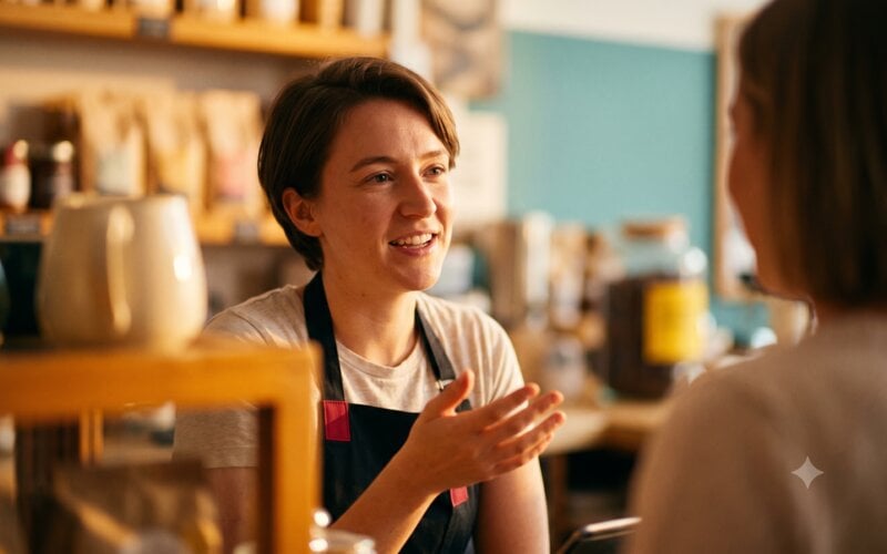 A UK shop owner and a staff member both smiling at the counter, with a loyalty sign visible, a customer in the background looking engaged.