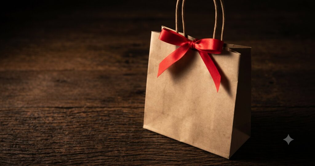 A small independent bakery counter where a staff member hands a customer a small gift box tied with ribbon, the customer looking genuinely pleased.