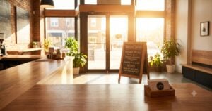 A bright modern independent cafe or boutique counter, shot from behind it looking out toward the entrance, with a chalkboard sign and a small loyalty card display on the counter.