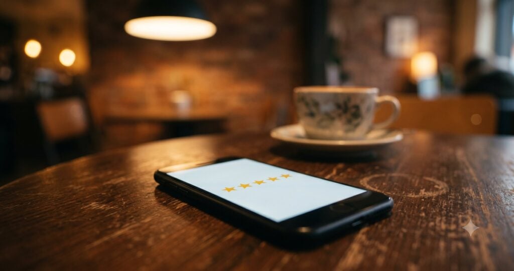 A warm, well-lit independent coffee shop interior where a customer sits at a table looking at their phone with a small smile, perhaps just finishing a coffee.