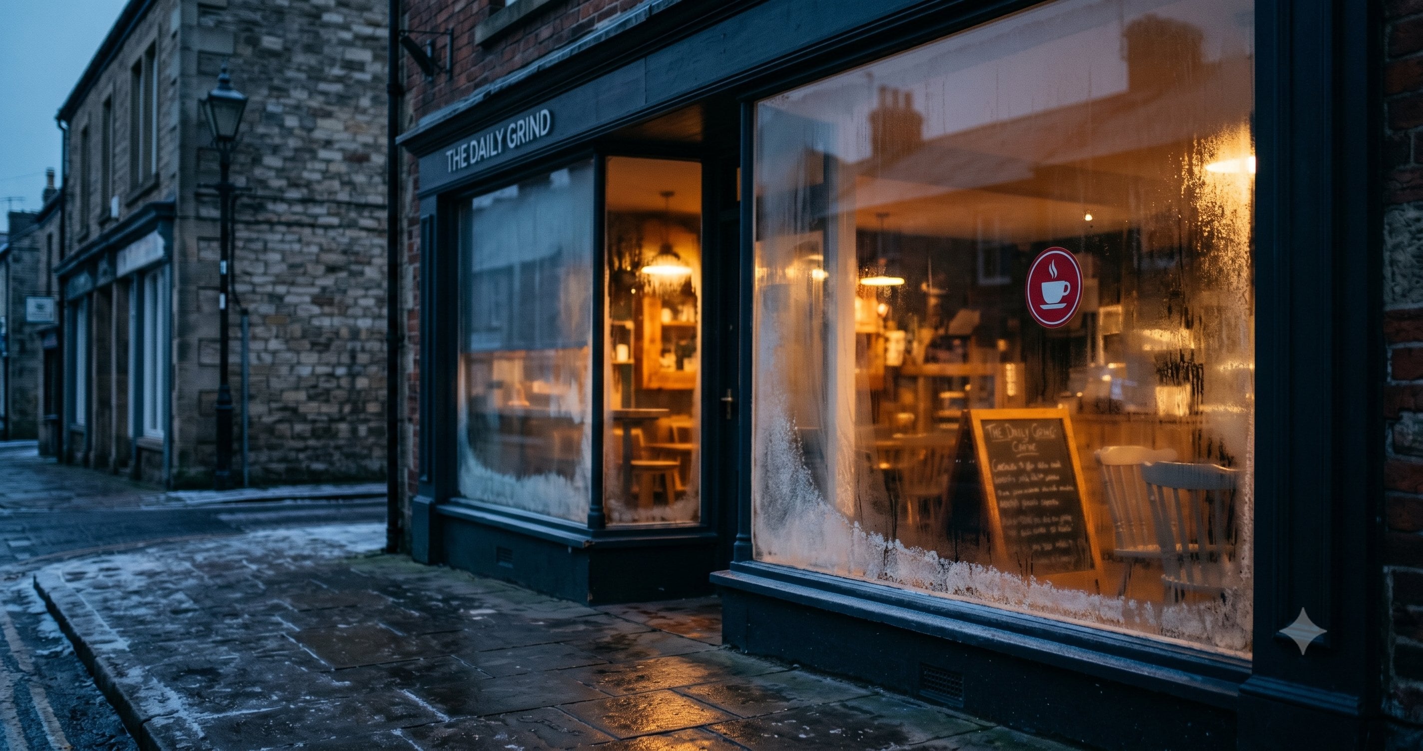 A warm, softly lit independent cafe on a quiet British high street on a grey January morning, with a staff member arranging a small chalkboard sign in the window.