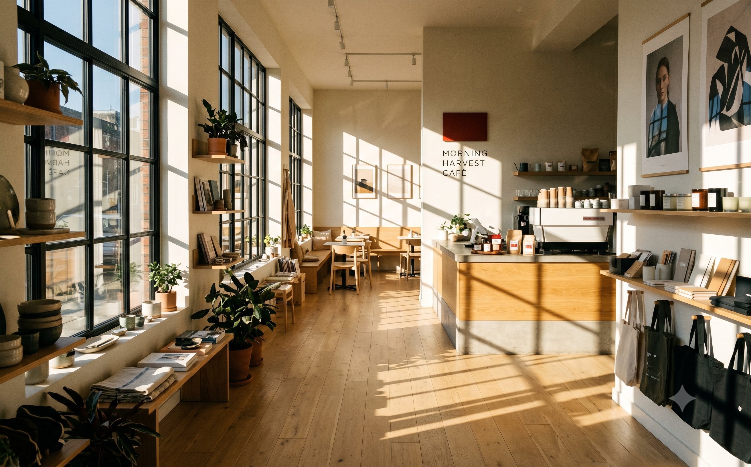 A confident independent cafe owner standing in a bright, welcoming shop, smiling, with subtle red branding and a well-loved interior.