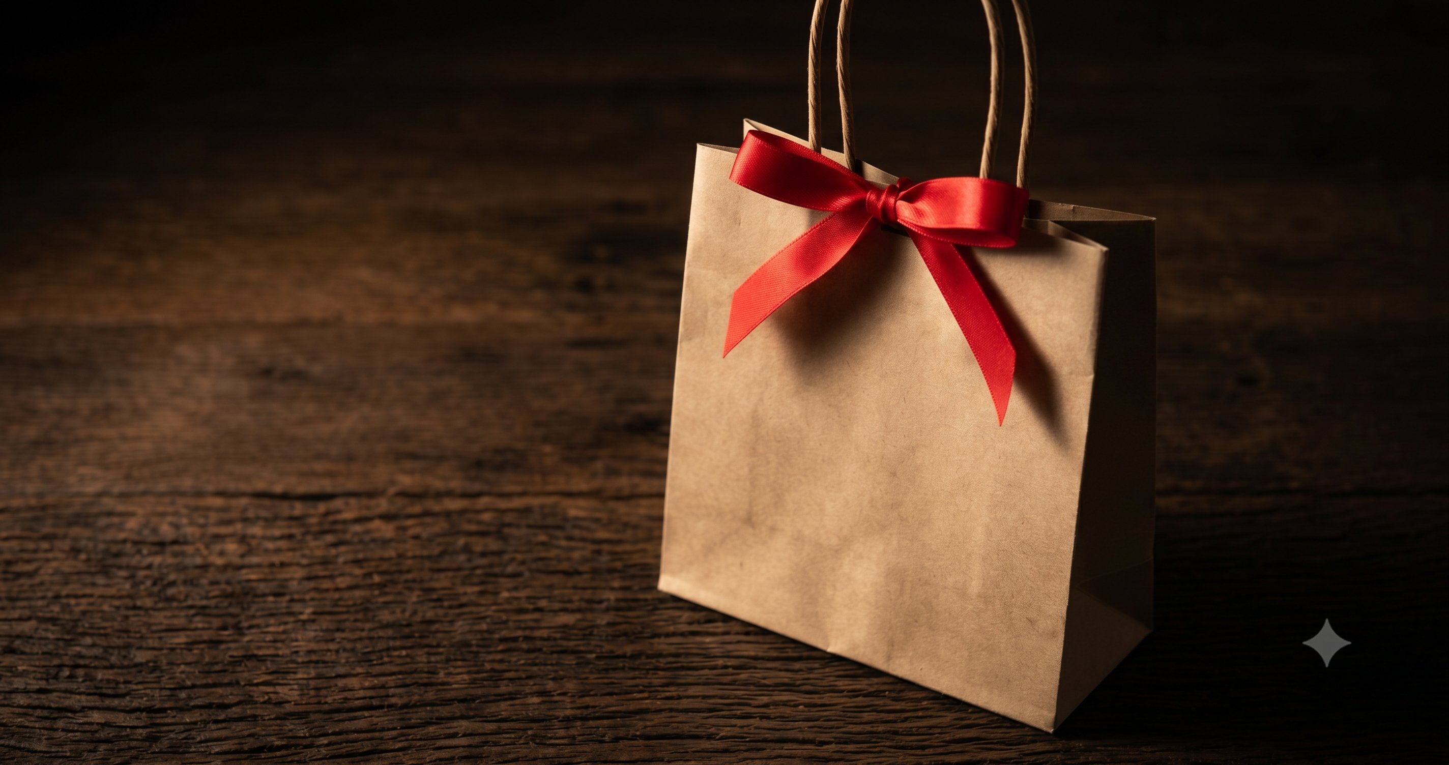 A small independent bakery counter where a staff member hands a customer a small gift box tied with ribbon, the customer looking genuinely pleased.