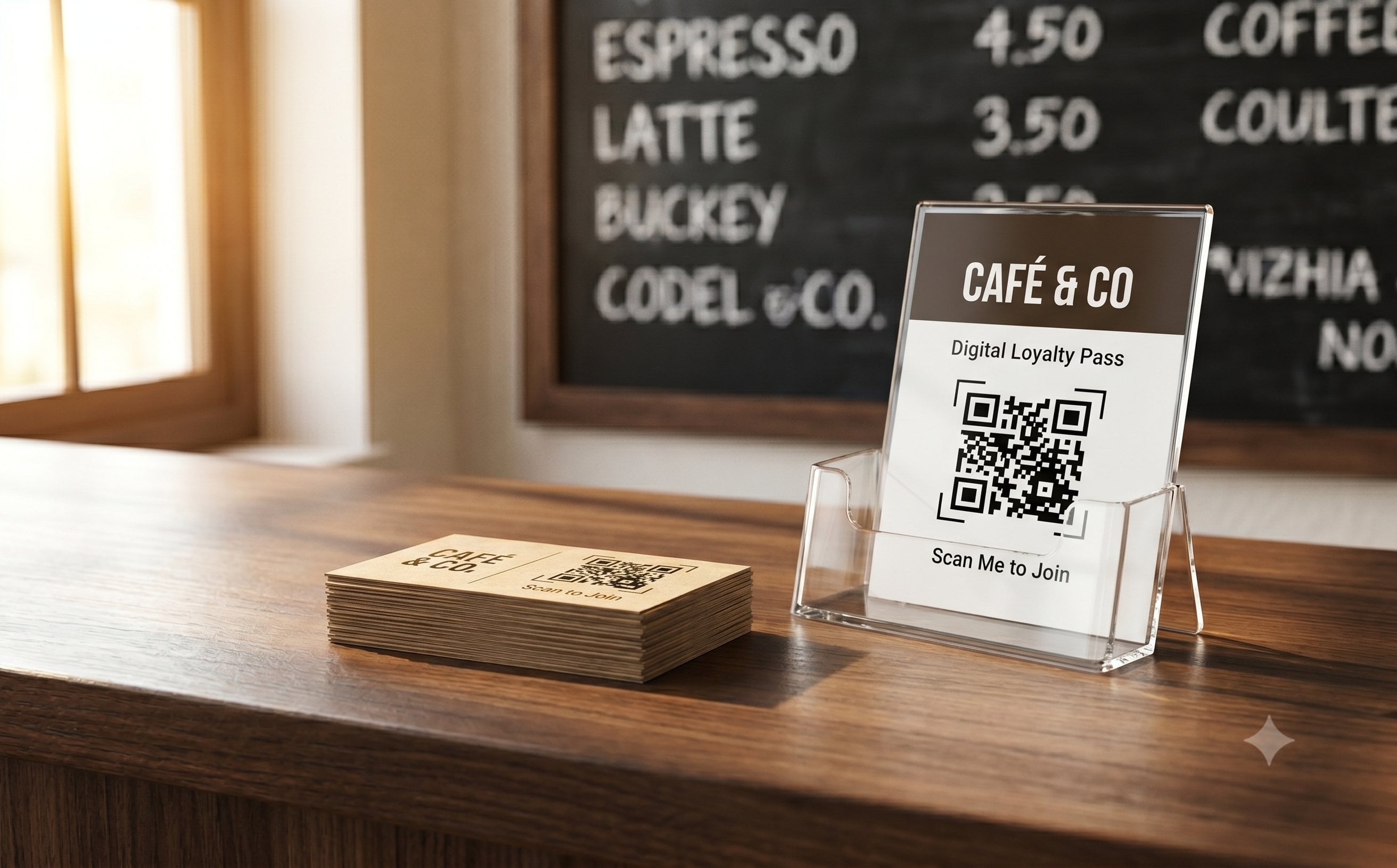 A close-up of a cafe counter surface with a neat stack of small loyalty cards beside a simple card holder, and a chalkboard menu slightly out of focus in the background.