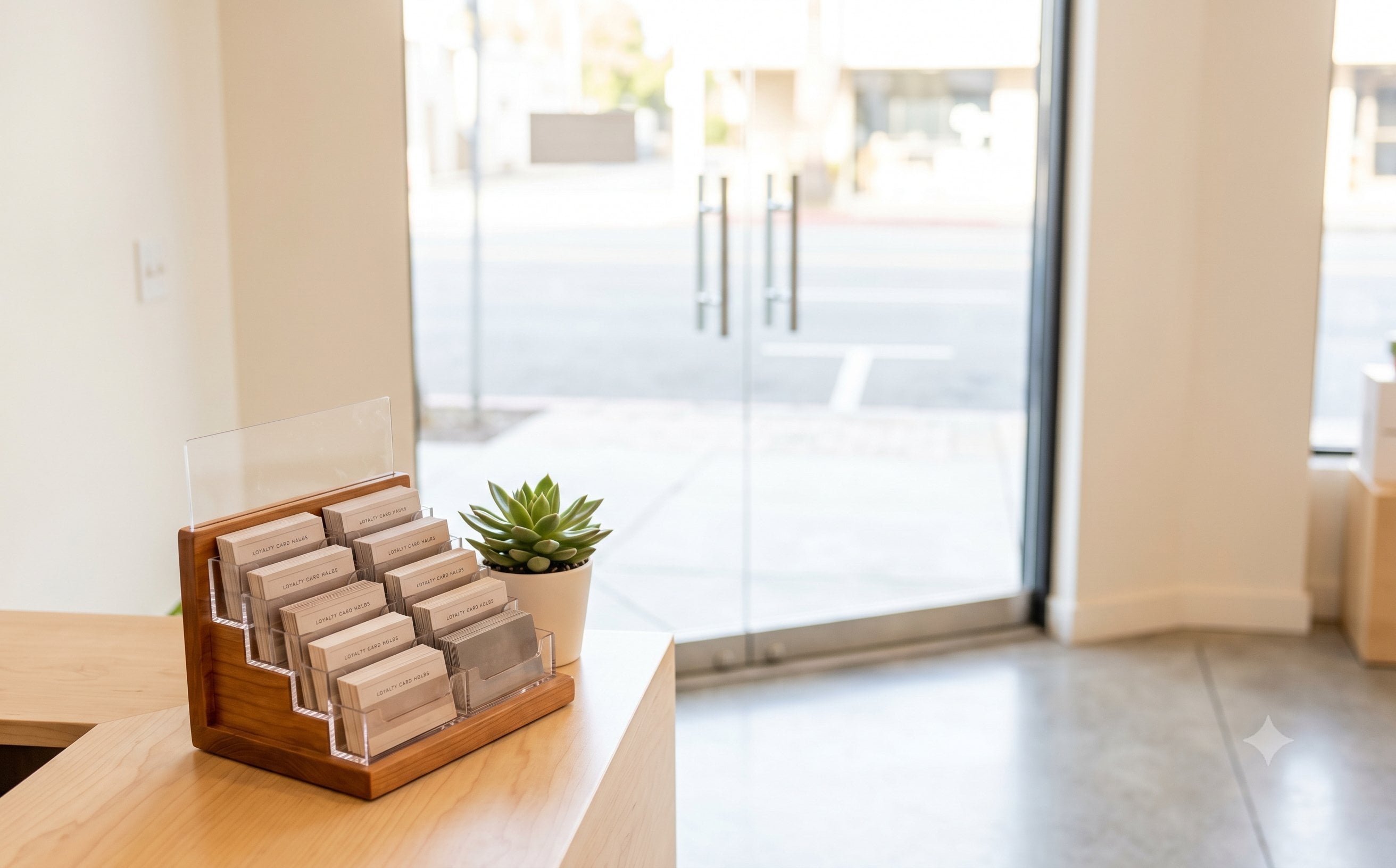 A bright shop entrance from inside, looking toward the door, with morning light streaming in and a loyalty card holder full and well-presented on the counter.
