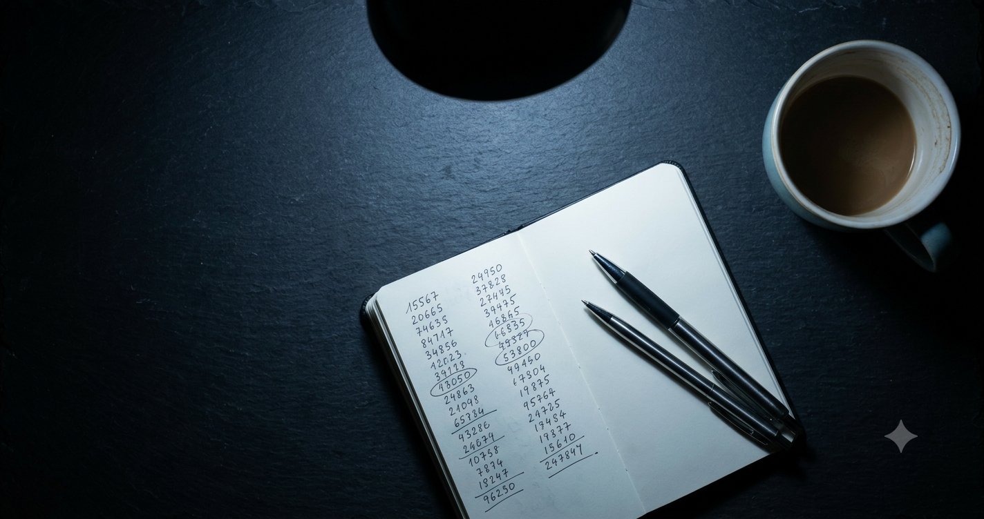An overhead flat lay on a dark slate surface with a small open notebook filled with simple handwritten figures, a quality pen, and a single cold coffee cup at the edge of frame.