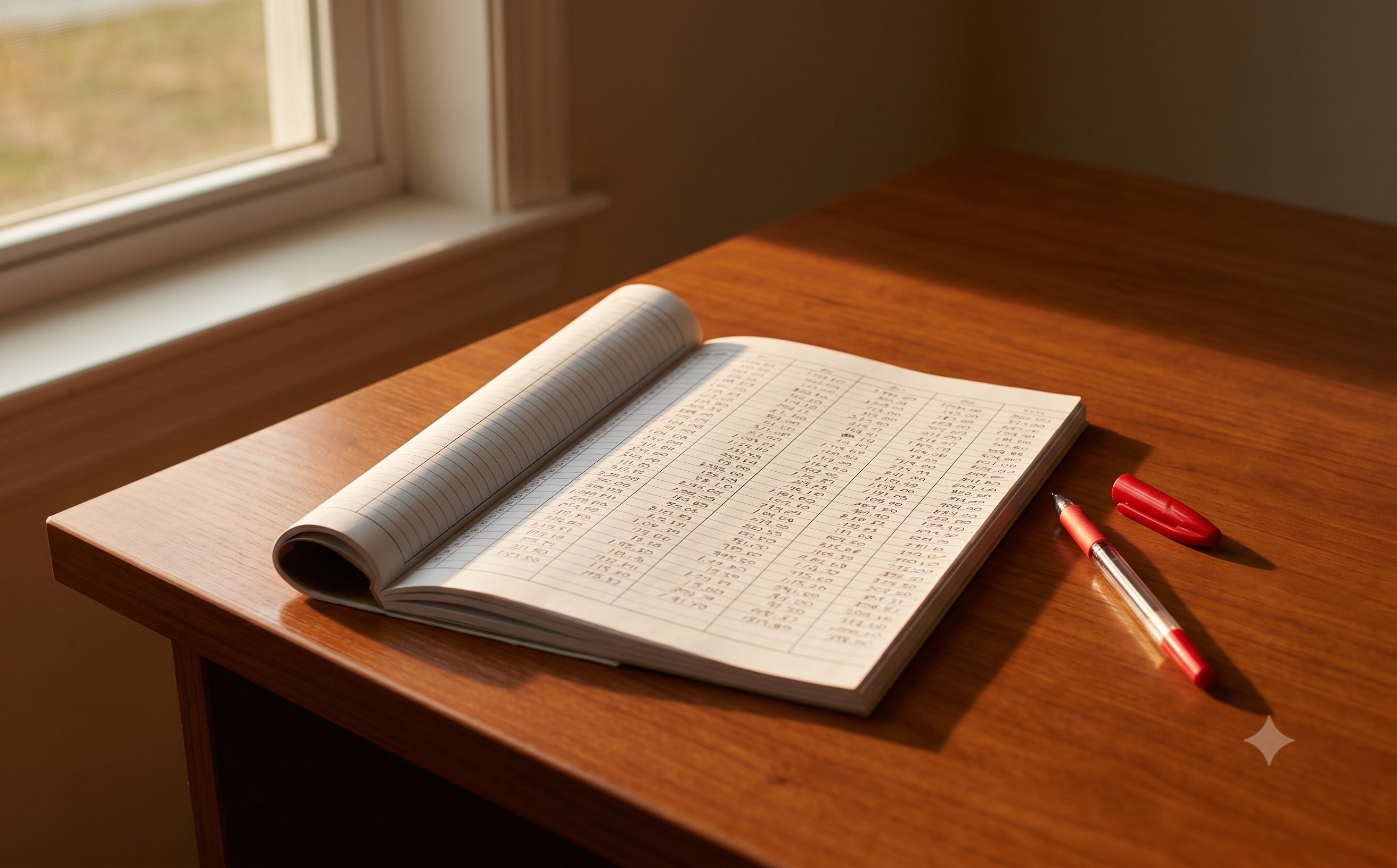 A close-up of an open spreadsheet or simple ledger on a wooden desk, slightly out of focus, with a red pen uncapped beside it and late afternoon light casting a warm shadow.