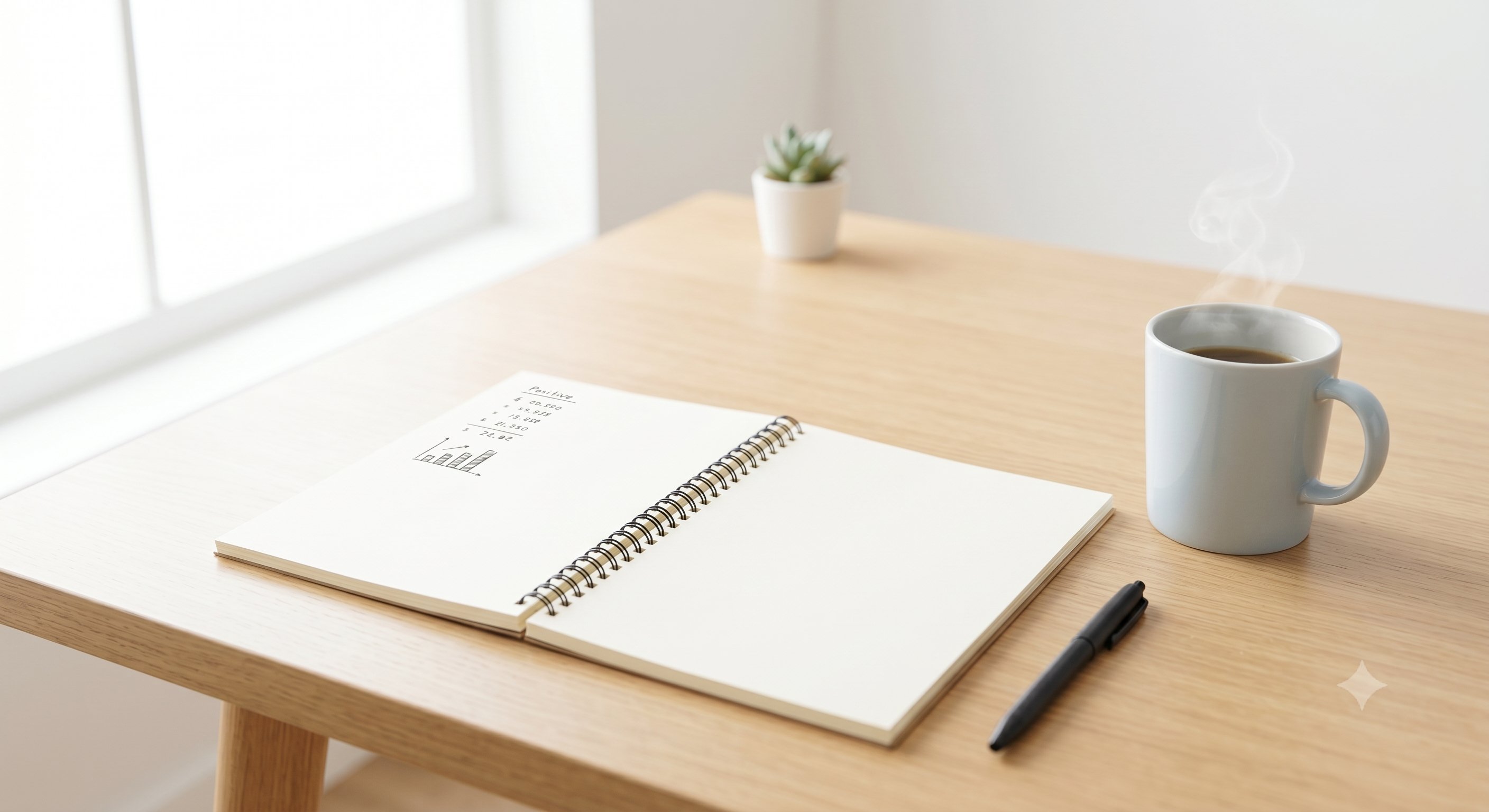 A tidy wooden desk with a notebook open to a clean page, positive figures written neatly, a fresh cup of coffee beside it, in bright clear morning light.