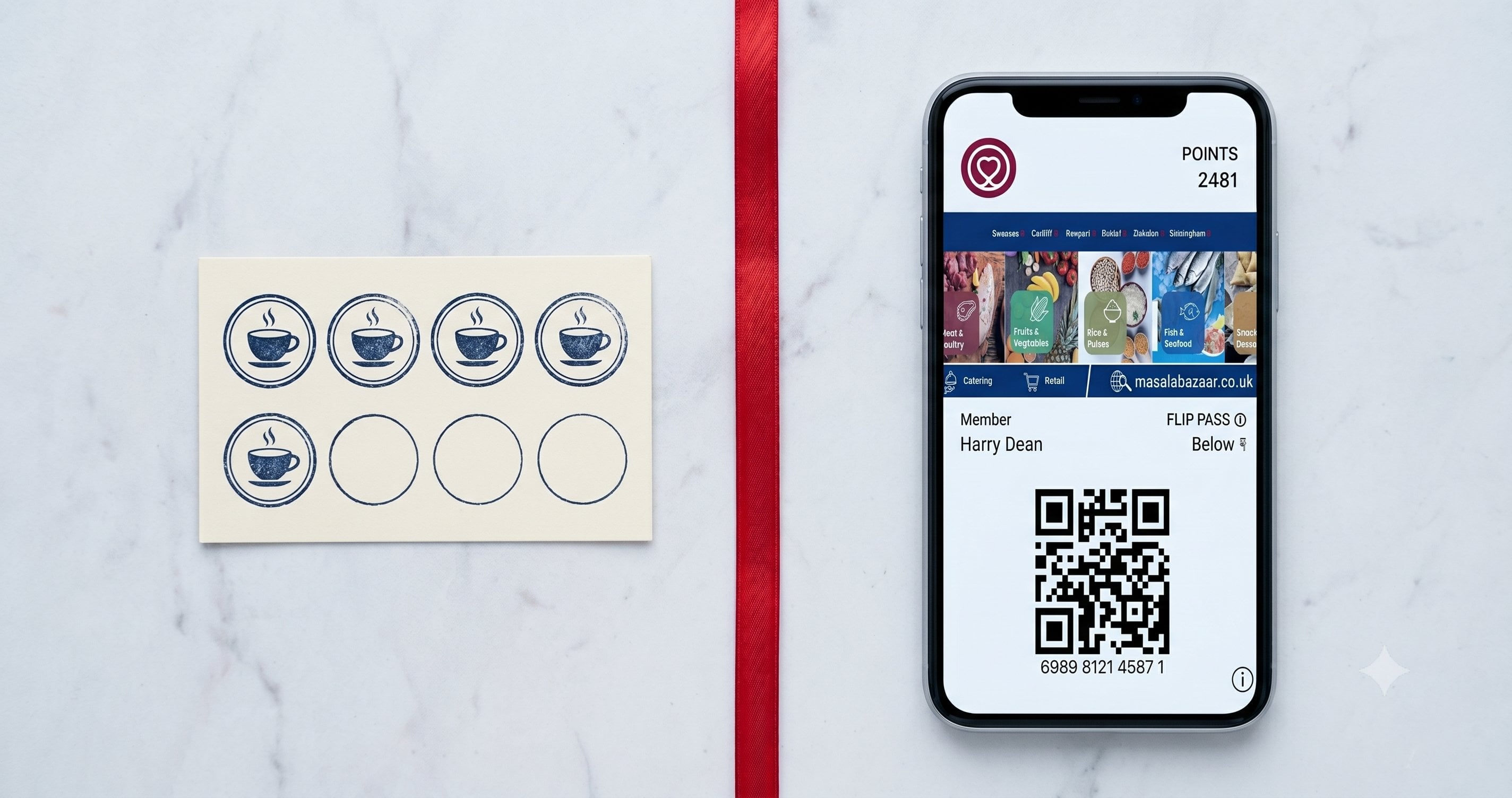 A clean flat lay on a pale marble surface with a simple stamp card with a row of coffee stamps on the left and a loyalty points card with a balance display on the right.
