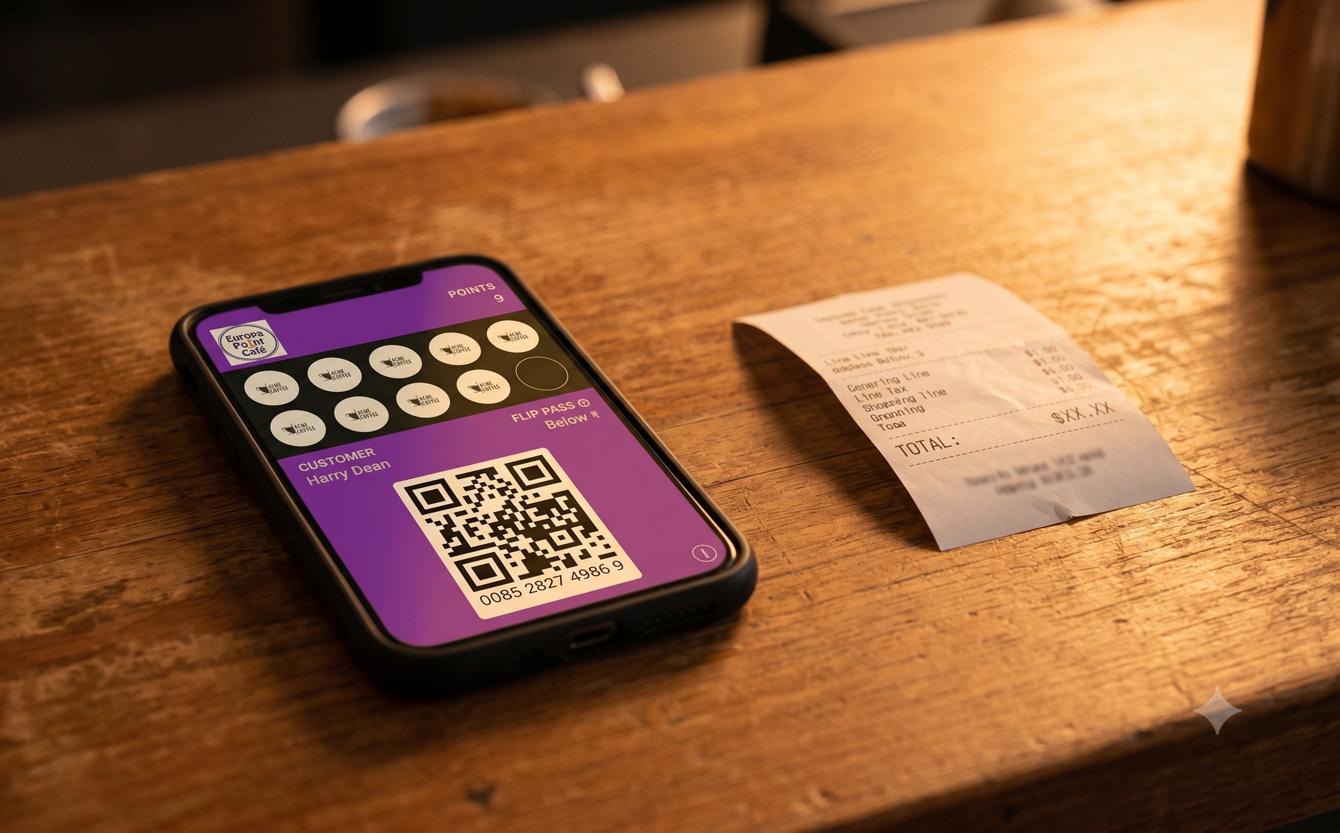 A close-up of a wooden cafe counter surface with a nearly-full loyalty stamp card on the left and a small receipt on the right, both under warm directional light.