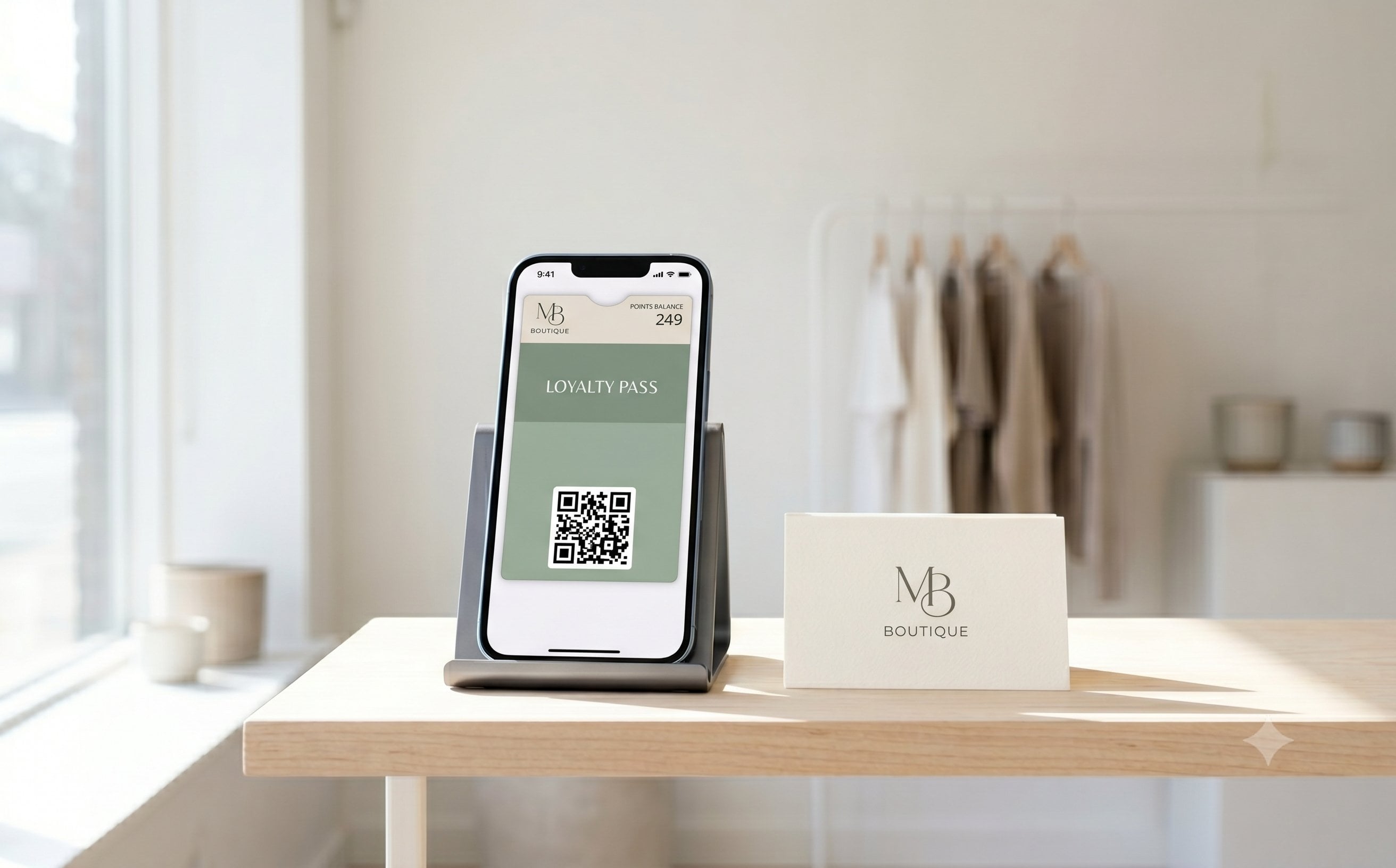 A bright, clean independent boutique interior with a small card display holding two types of loyalty card, one stamp style and one points style, in morning light.